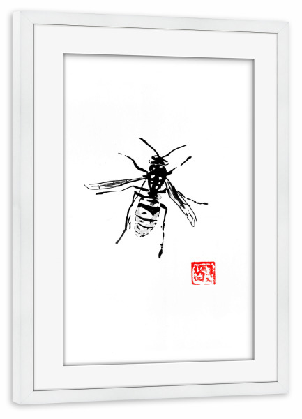 Poster mit Rahmen weiß "Guepe" artboxONE - Tiere - Wasp,Bee,Guepe,Sumie,Japan,Wespe,Insekt,Tier,Animal,Minimal,Schwarzweiß,Blackandwhite