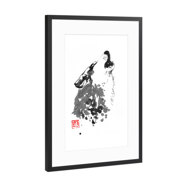 Poster mit Rahmen Schwarz (Metallic) "Cry wolf" artboxONE - Tiere - Wolf,Sumie,Dog,Japan,Animal,Tier,Schwarzweiß,Blackandwhite,Heulen