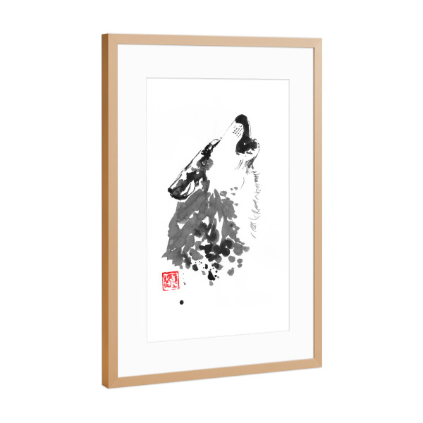 Poster mit Rahmen Kupfer "Cry wolf" artboxONE - Tiere - Wolf,Sumie,Dog,Japan,Animal,Tier,Schwarzweiß,Blackandwhite,Heulen
