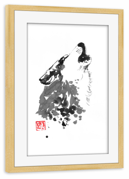 Poster mit Rahmen kiefer "Cry wolf" artboxONE - Tiere - Wolf,Sumie,Dog,Japan,Animal,Tier,Schwarzweiß,Blackandwhite,Heulen