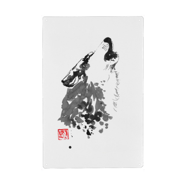 Holzbild "Cry wolf" artboxONE - Tiere - Wolf,Sumie,Dog,Japan,Animal,Tier,Schwarzweiß,Blackandwhite,Heulen