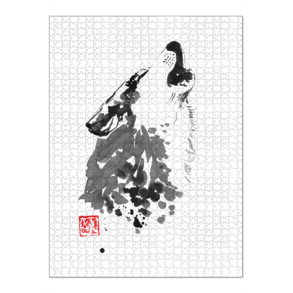 Puzzle Ravensburger "Cry wolf" artboxONE - Tiere - Wolf,Sumie,Dog,Japan,Animal,Tier,Schwarzweiß,Blackandwhite,Heulen - Bild wolf