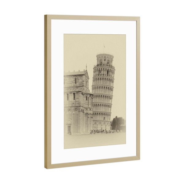 Poster mit Rahmen Gold "Schiefer Turm von Pisa - Italien" artboxONE - Städte,Schwarzweiß,Architektur,Reise / Länder