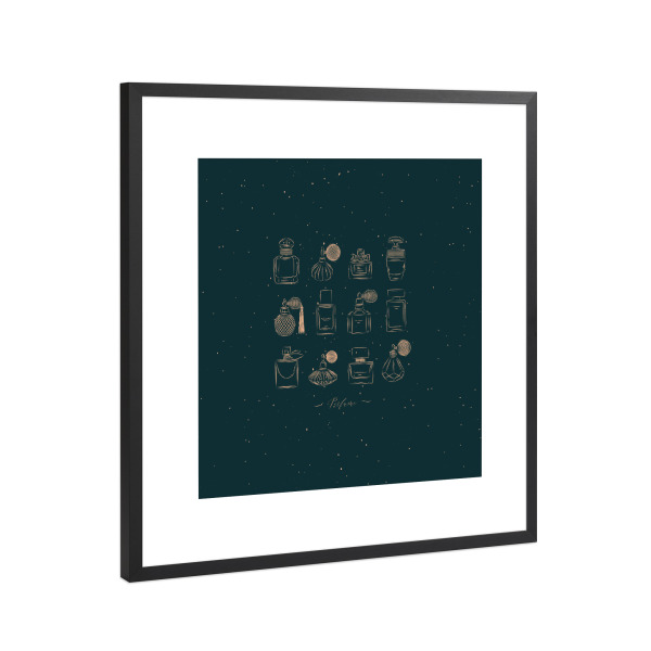 Poster mit Rahmen Schwarz (Metallic) "Perfume vintage bottles green" artboxONE - Für Kinder,Fashion,Für Mama,Für Papa