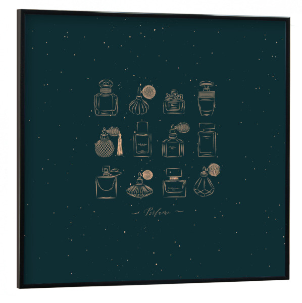Poster mit schwarzem Rahmen 30x30 cm "Perfume vintage bottles green" artboxONE - Für Kinder,Fashion,Für Mama,Für Papa