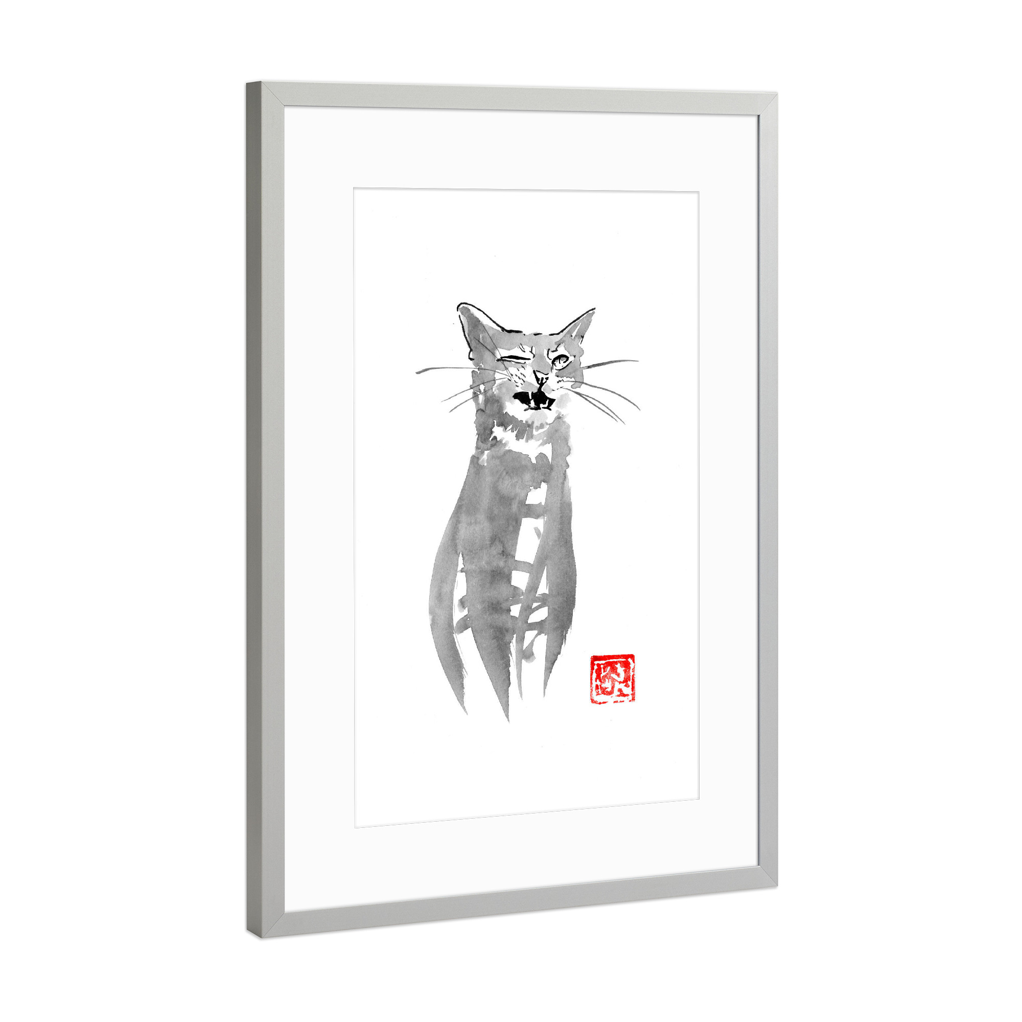 Poster mit Rahmen Silber "Blinking cat" artboxONE - Tiere - Cat,Sumie,Japan,Katze,Tier,Animal,Schwarzweiß,Blackandwhite
