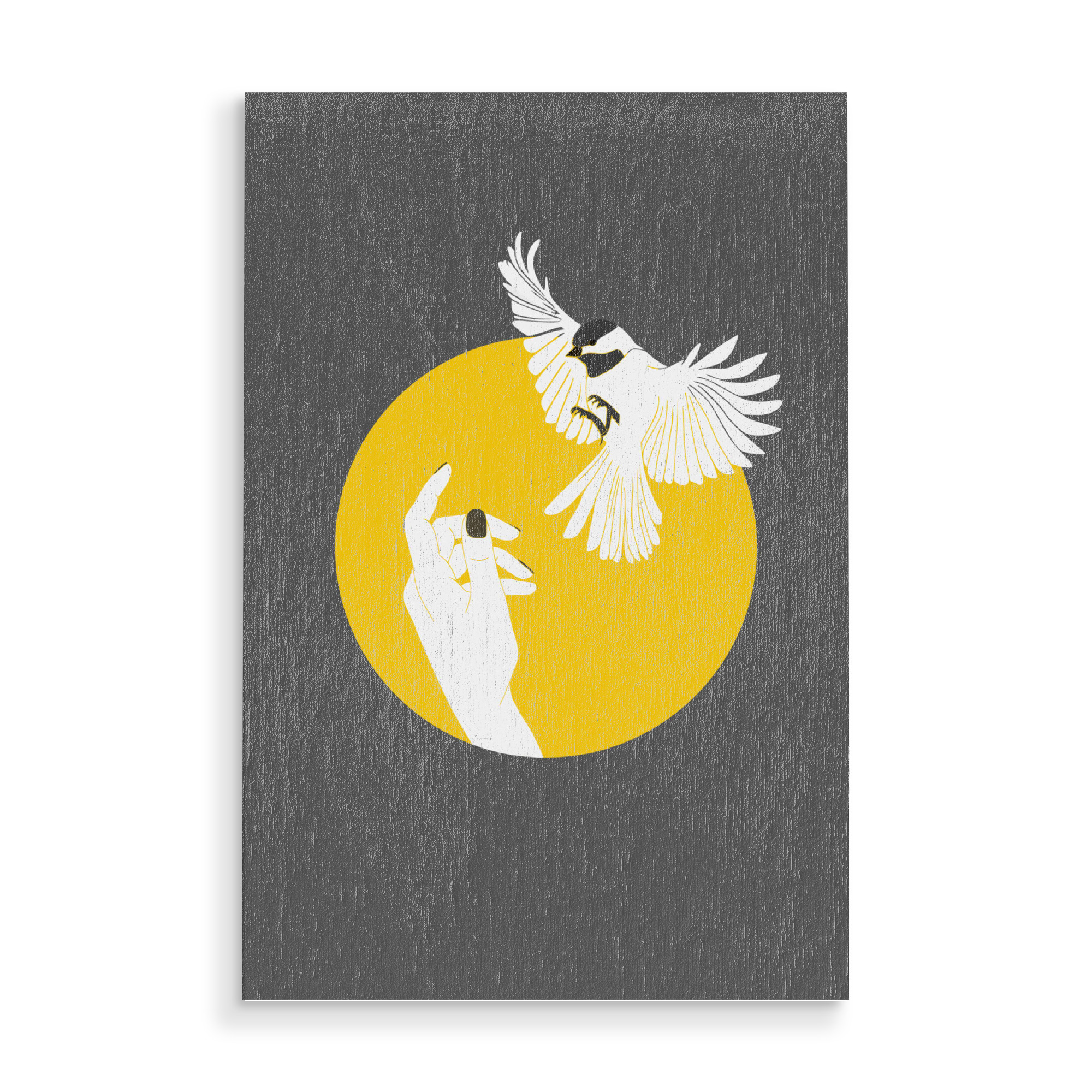 Holzbild "Tame Bird - Zahmer Vogel" artboxONE - Tiere,Comic - Vogel,Hand,Gelb,Grau,Popart,Digitalartwork,Digital art,Grafik,Modern art,Bird,Animal