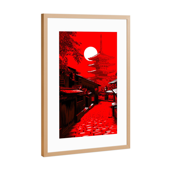 Poster mit Rahmen Kupfer "Street japan temple" artboxONE - Städte,Städte / Tokio - Temple,Street,Japan,Asian,Sketch