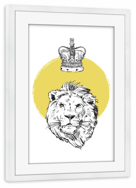 Poster mit Rahmen weiß "Lion king" artboxONE - Natur,Tiere,Reise / Afrika - Tier,Löwe,Wildtier,Afrika,Skizze,Gelb,Minimalistisch,Africa,Animal,Lion