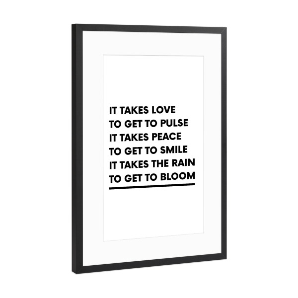 Poster mit Rahmen Schwarz (Metallic) "Love, Peace and Bloom" artboxONE - Typografie,Liebe - Love,Peace,Bloom,Liebe,Frieden,Typo,Typografie,Typography