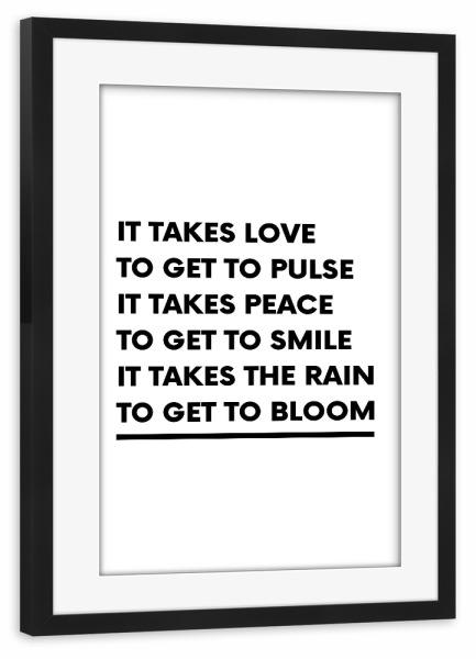 Poster mit Rahmen schwarz "Love, Peace and Bloom" artboxONE - Typografie,Liebe - Love,Peace,Bloom,Liebe,Frieden,Typo,Typografie,Typography