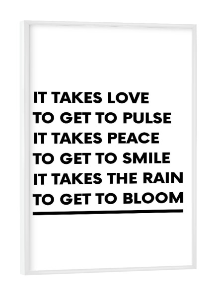 Poster mit weißem Rahmen "Love, Peace and Bloom" artboxONE - Typografie,Liebe - Love,Peace,Bloom,Liebe,Frieden,Typo,Typografie,Typography