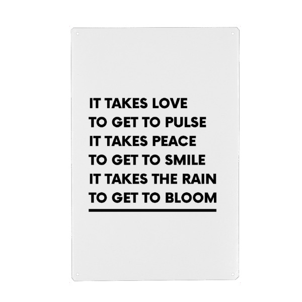 Metall Poster "Love, Peace and Bloom" artboxONE - Typografie,Liebe - Love,Peace,Bloom,Liebe,Frieden,Typo,Typografie,Typography - Blechschild