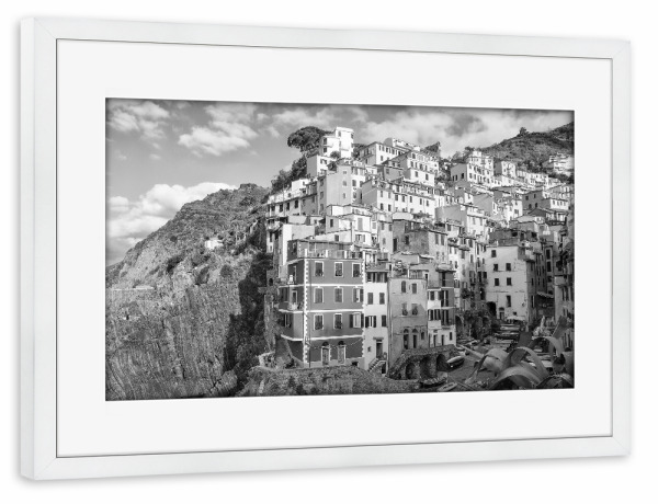 Poster mit Rahmen weiß "Riomaggiore - Cinque Terre - sw" artboxONE - Städte,Schwarzweiß,Architektur,Reise / Länder