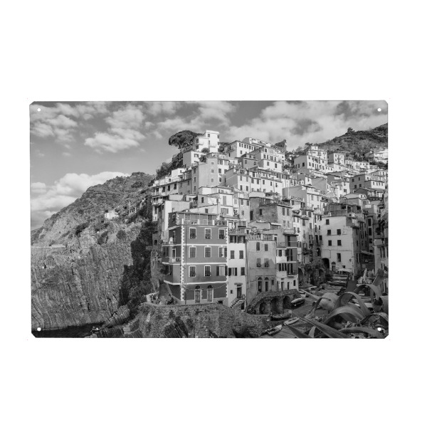 Holzbild "Riomaggiore - Cinque Terre - sw" artboxONE - Städte,Schwarzweiß,Architektur,Reise / Länder