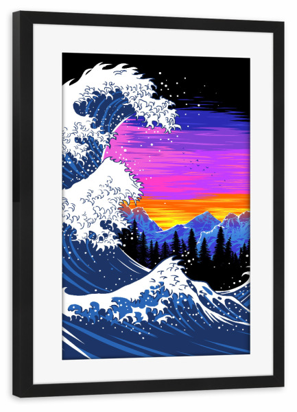 Poster mit Rahmen schwarz "Wave Sunset" artboxONE - Natur - Wave,Tsunami,Sunset,Mountain,Summer,Wellen,Meer,Sea,Sonnenuntergang