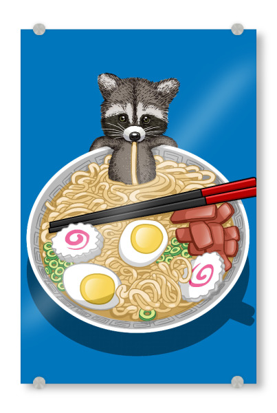 Acrylglasbild "Raccoon Ramen" artboxONE - Tiere - Raccoon,Mapache,Ramen,Noodles,Egg,Tier,Animal,Suppe,Soup,Nudeln,Comic
