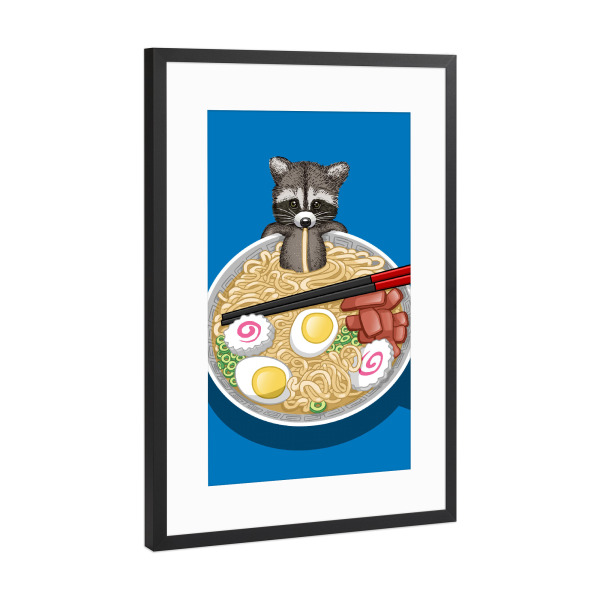 Poster mit Rahmen Schwarz (Metallic) "Raccoon Ramen" artboxONE - Tiere - Raccoon,Mapache,Ramen,Noodles,Egg,Tier,Animal,Suppe,Soup,Nudeln,Comic