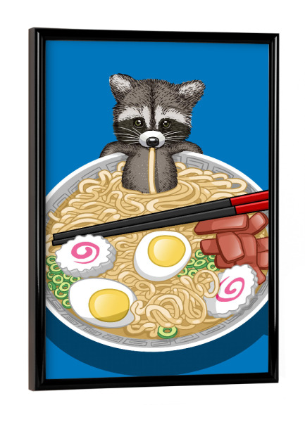 Poster mit schwarzem Rahmen "Raccoon Ramen" artboxONE - Tiere - Raccoon,Mapache,Ramen,Noodles,Egg,Tier,Animal,Suppe,Soup,Nudeln,Comic