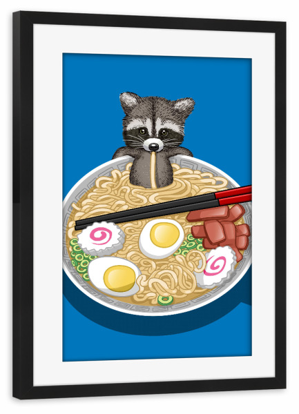 Poster mit Rahmen schwarz "Raccoon Ramen" artboxONE - Tiere - Raccoon,Mapache,Ramen,Noodles,Egg,Tier,Animal,Suppe,Soup,Nudeln,Comic