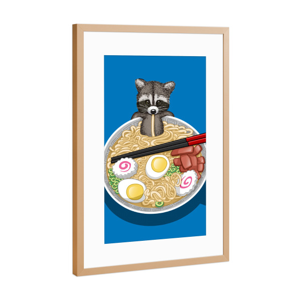 Poster mit Rahmen Kupfer "Raccoon Ramen" artboxONE - Tiere - Raccoon,Mapache,Ramen,Noodles,Egg,Tier,Animal,Suppe,Soup,Nudeln,Comic