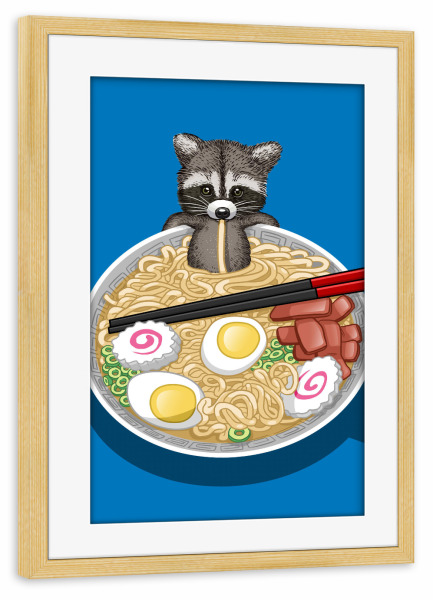 Poster mit Rahmen kiefer "Raccoon Ramen" artboxONE - Tiere - Raccoon,Mapache,Ramen,Noodles,Egg,Tier,Animal,Suppe,Soup,Nudeln,Comic