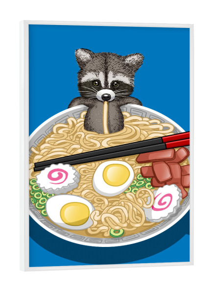 Poster mit weißem Rahmen "Raccoon Ramen" artboxONE - Tiere - Raccoon,Mapache,Ramen,Noodles,Egg,Tier,Animal,Suppe,Soup,Nudeln,Comic