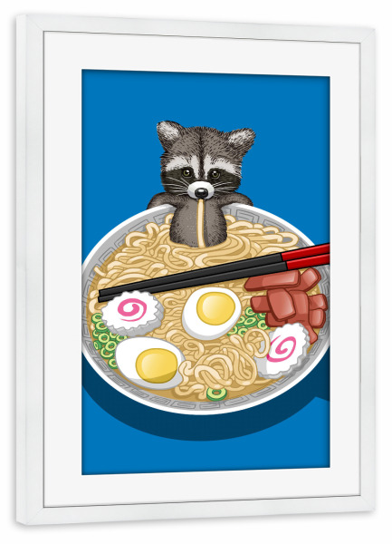 Poster mit Rahmen weiß "Raccoon Ramen" artboxONE - Tiere - Raccoon,Mapache,Ramen,Noodles,Egg,Tier,Animal,Suppe,Soup,Nudeln,Comic