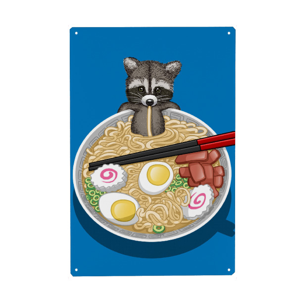 Holzbild "Raccoon Ramen" artboxONE - Tiere - Raccoon,Mapache,Ramen,Noodles,Egg,Tier,Animal,Suppe,Soup,Nudeln,Comic