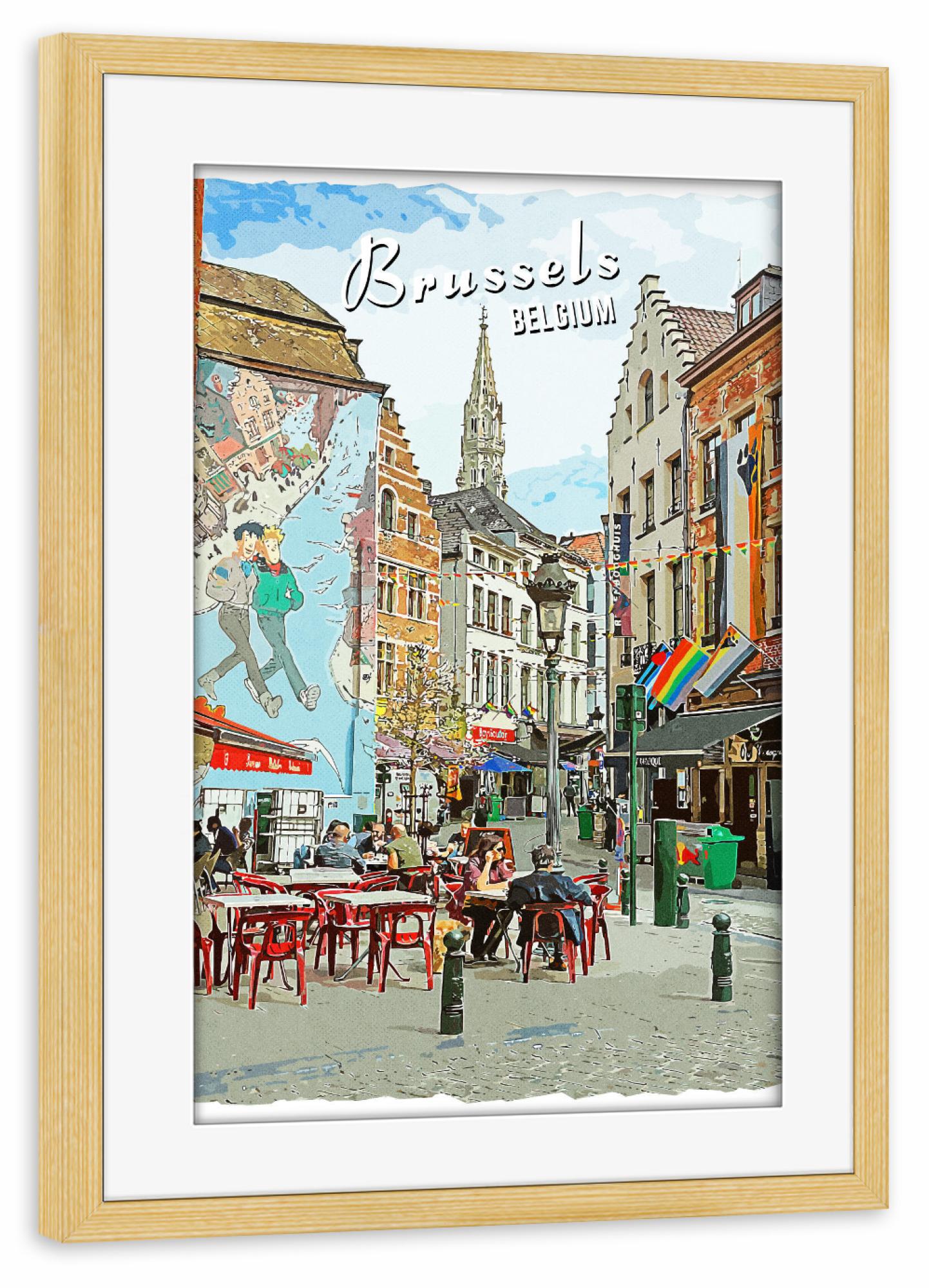 Poster mit Rahmen kiefer "Brüssel Vintage Straße" artboxONE - Städte