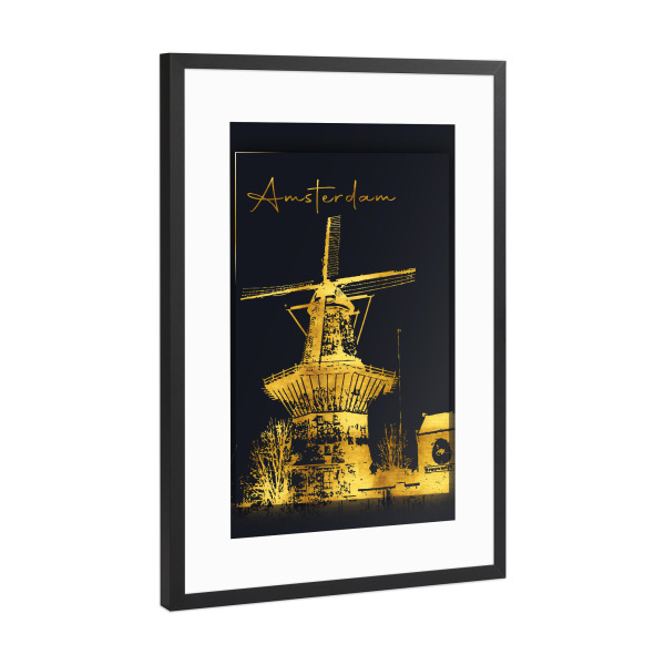 Poster mit Rahmen Schwarz (Metallic) "Amsterdam in Gold" artboxONE - Städte,Städte / Amsterdam