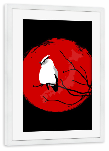 Poster mit Rahmen weiß "Sparrow on the tree" artboxONE - Tiere,Abstrakt - Sun,Sparrow,Tree,Vogel,Ast,Bird,Animal,Tier,Comic,Abstract,Abstrakt