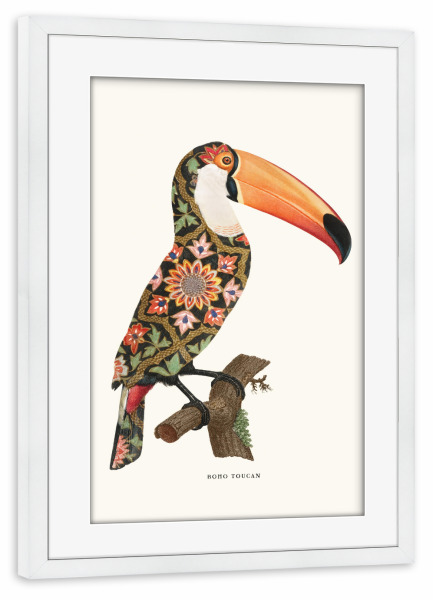 Poster mit Rahmen weiß "Boho Toucan vintage" artboxONE - Floral,Tiere - Toucan,Bird,Animals,Vintage,Collage,Retro,Drawing,Boho,Vogel,Tier,Animal