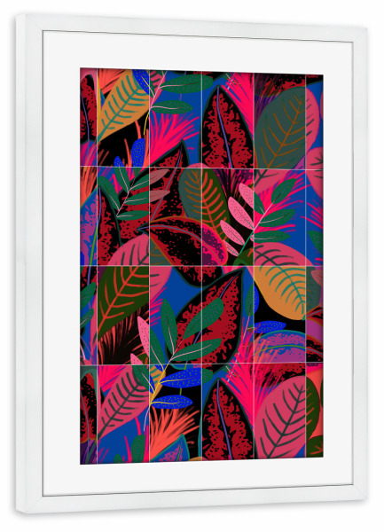 Poster mit Rahmen weiß "Tropical Neon Tiles" artboxONE - Natur,Floral,Abstrakt - Tiles,Jungle,Neon art,Natur,Nature,Abstract,Abstrakt,Leaves,Blätter