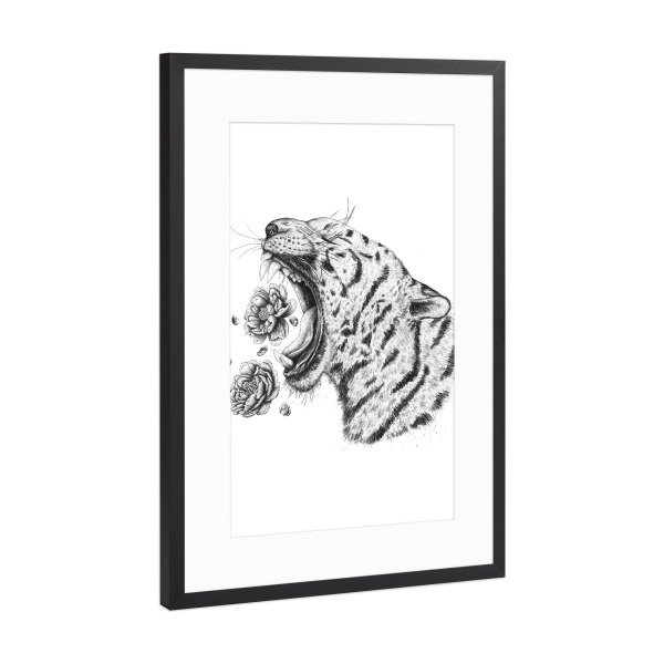 Poster mit Rahmen Schwarz (Metallic) "Tiger with flowers" artboxONE - Natur,Floral,Tiere