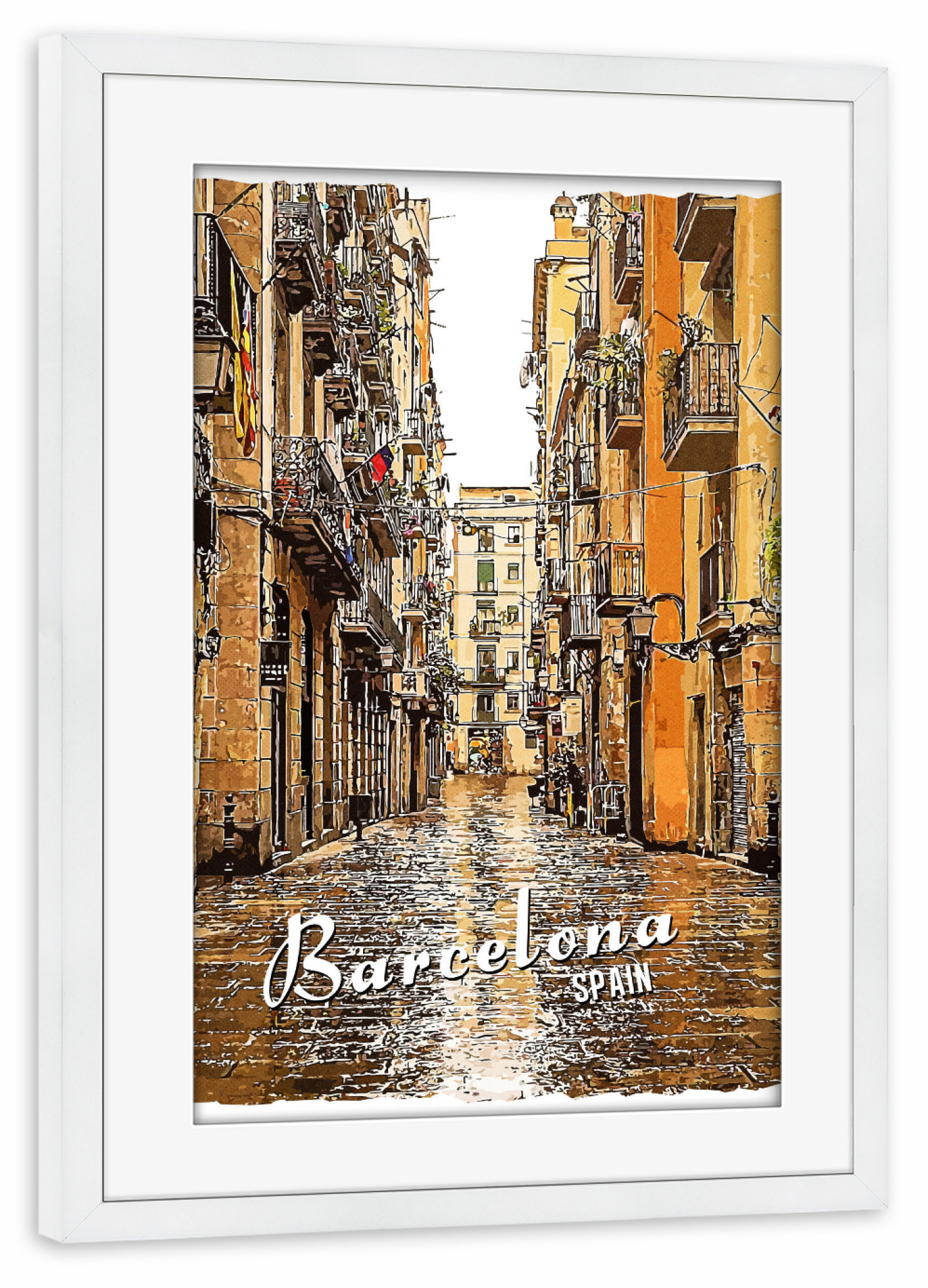 Poster mit Rahmen weiß "Barcelona Vintage Straße" artboxONE - Städte,Architektur,Städte / Barcelona