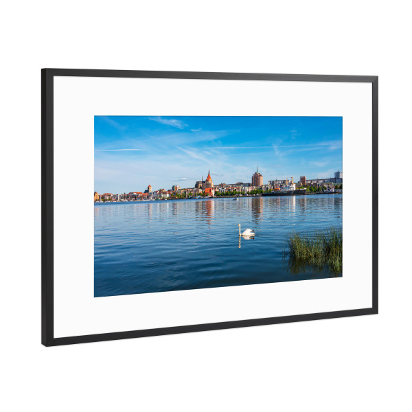 Poster mit Rahmen Schwarz (Metallic) "Schwan und Rostock" artboxONE - Natur,Reise,Tiere,Architektur,Städte / Weitere