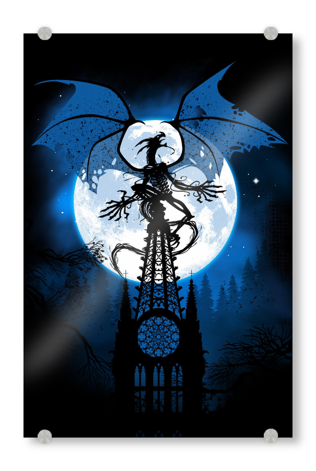 Acrylglasbild "Cathedral Dragon" artboxONE - Städte,Tiere,Comic - Dragon,Cathedral,Moon,Night,Drache,Kirche,Stadt,City,Dark,Dunkel