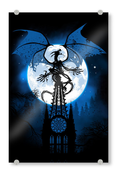 Acrylglasbild "Cathedral Dragon" artboxONE - Städte,Tiere,Comic - Dragon,Cathedral,Moon,Night,Drache,Kirche,Stadt,City,Dark,Dunkel
