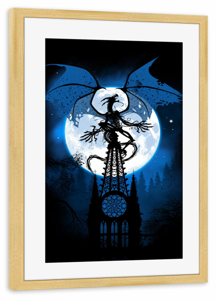 Poster mit Rahmen kiefer "Cathedral Dragon" artboxONE - Städte,Tiere,Comic - Dragon,Cathedral,Moon,Night,Drache,Kirche,Stadt,City,Dark,Dunkel