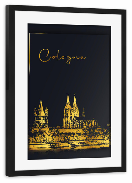Poster mit Rahmen schwarz "Köln in Gold Skyline" artboxONE - Städte,Städte / Köln