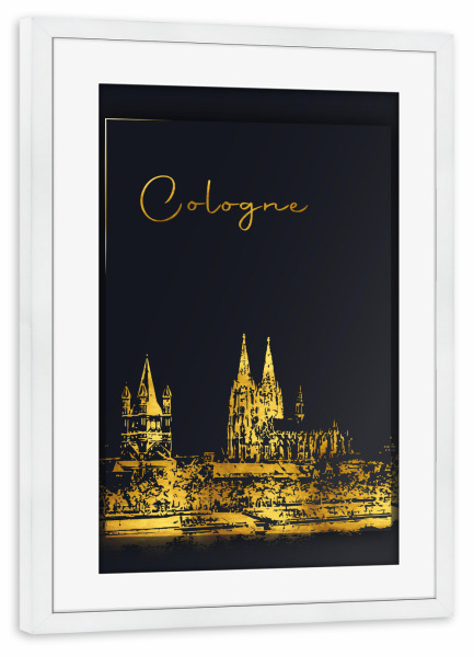 Poster mit Rahmen weiß "Köln in Gold Skyline" artboxONE - Städte,Städte / Köln