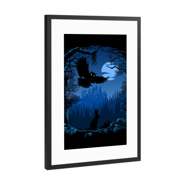 Poster mit Rahmen Schwarz (Metallic) "Owl night" artboxONE - Natur,Tiere,Comic - Castle,Night,Owl,Nature,Rabbit,Natur,Comic,Eule,Hase,Burg