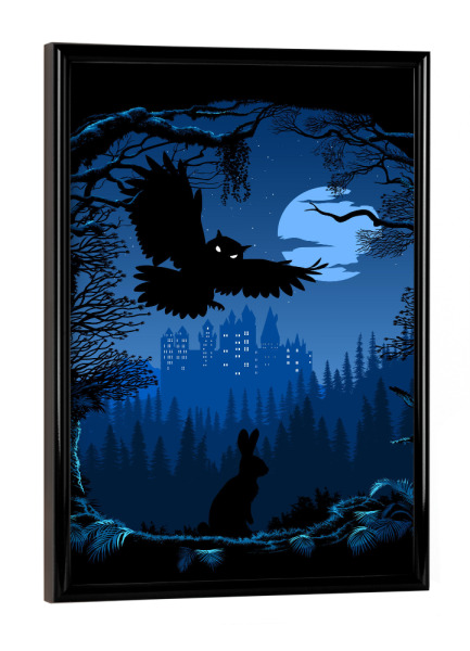 Poster mit schwarzem Rahmen "Owl night" artboxONE - Natur,Tiere,Comic - Castle,Night,Owl,Nature,Rabbit,Natur,Comic,Eule,Hase,Burg