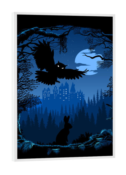 Poster mit weißem Rahmen "Owl night" artboxONE - Natur,Tiere,Comic - Castle,Night,Owl,Nature,Rabbit,Natur,Comic,Eule,Hase,Burg