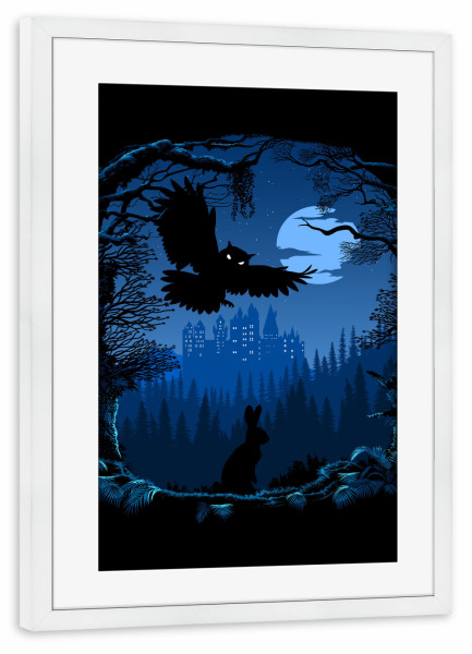 Poster mit Rahmen weiß "Owl night" artboxONE - Natur,Tiere,Comic - Castle,Night,Owl,Nature,Rabbit,Natur,Comic,Eule,Hase,Burg