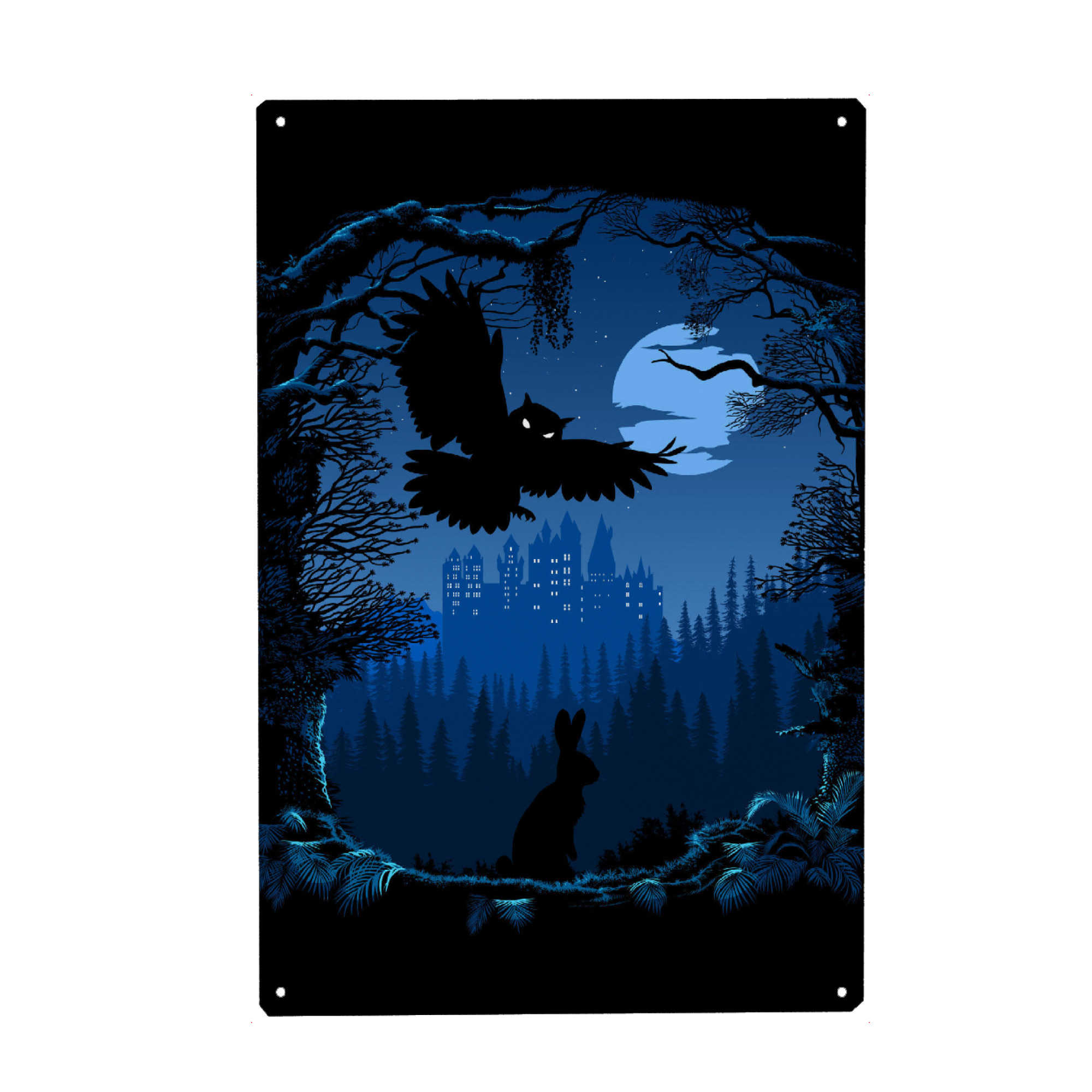 Metall Poster "Owl night" artboxONE - Natur,Tiere,Comic - Castle,Night,Owl,Nature,Rabbit,Natur,Comic,Eule,Hase,Burg - Blechschild