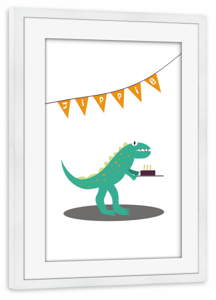 Poster mit Rahmen weiß "Jippie - fröhlicher Dinosaurier" artboxONE - Für Kinder,Tiere