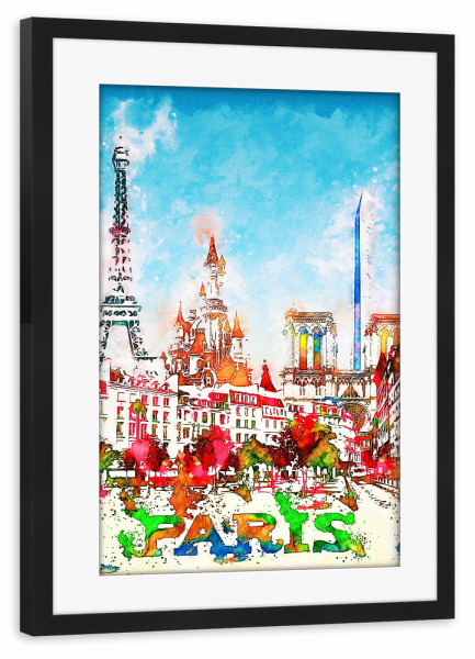Poster mit Rahmen schwarz "Paris Collage in bunt" artboxONE - Städte,Architektur,Städte / Paris