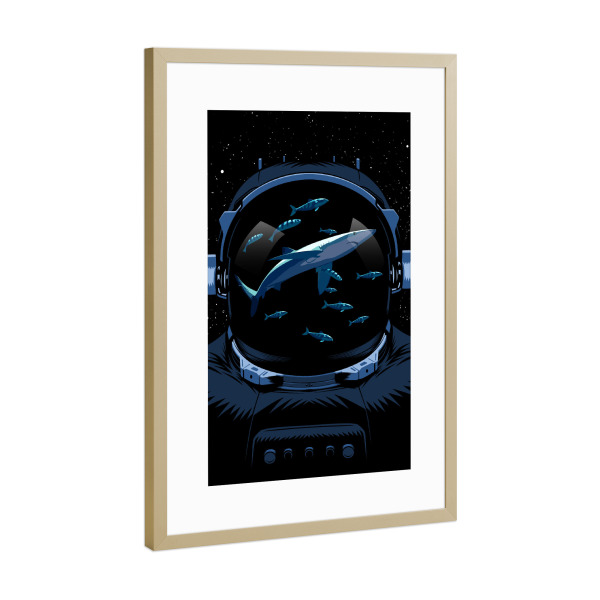 Poster mit Rahmen Gold "Astronaut Sharks" artboxONE - Tiere,Galaxy - Space,Astronaut,Sharks,Shark,Ocean,Universe,Cosmos,Stars,Hai,Tier,Animal,Comic